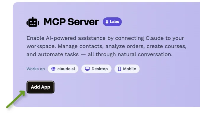 MCP Server interface showcasing features and an 'Add App' button for integration.