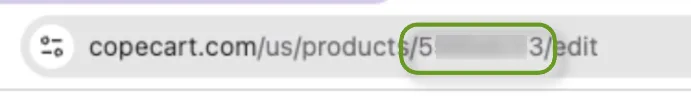 URL of a product page on CopeCart with an editable section highlighted.
