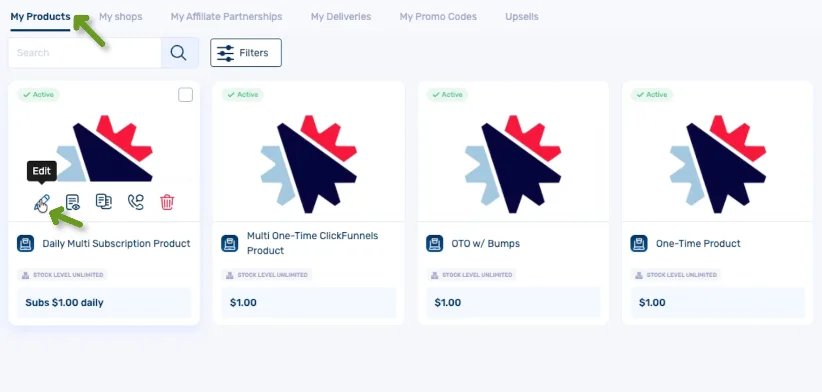 Dashboard displaying product options with edit and subscription details highlighted.