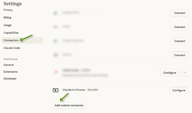 Settings menu showing connectors and option to add a custom connector.