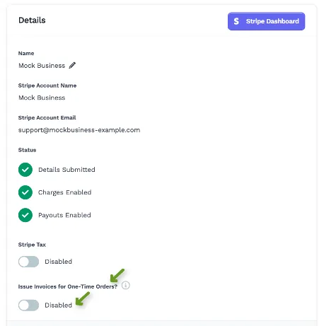 Stripe dashboard showing account details and disabled invoice option for one-time orders.