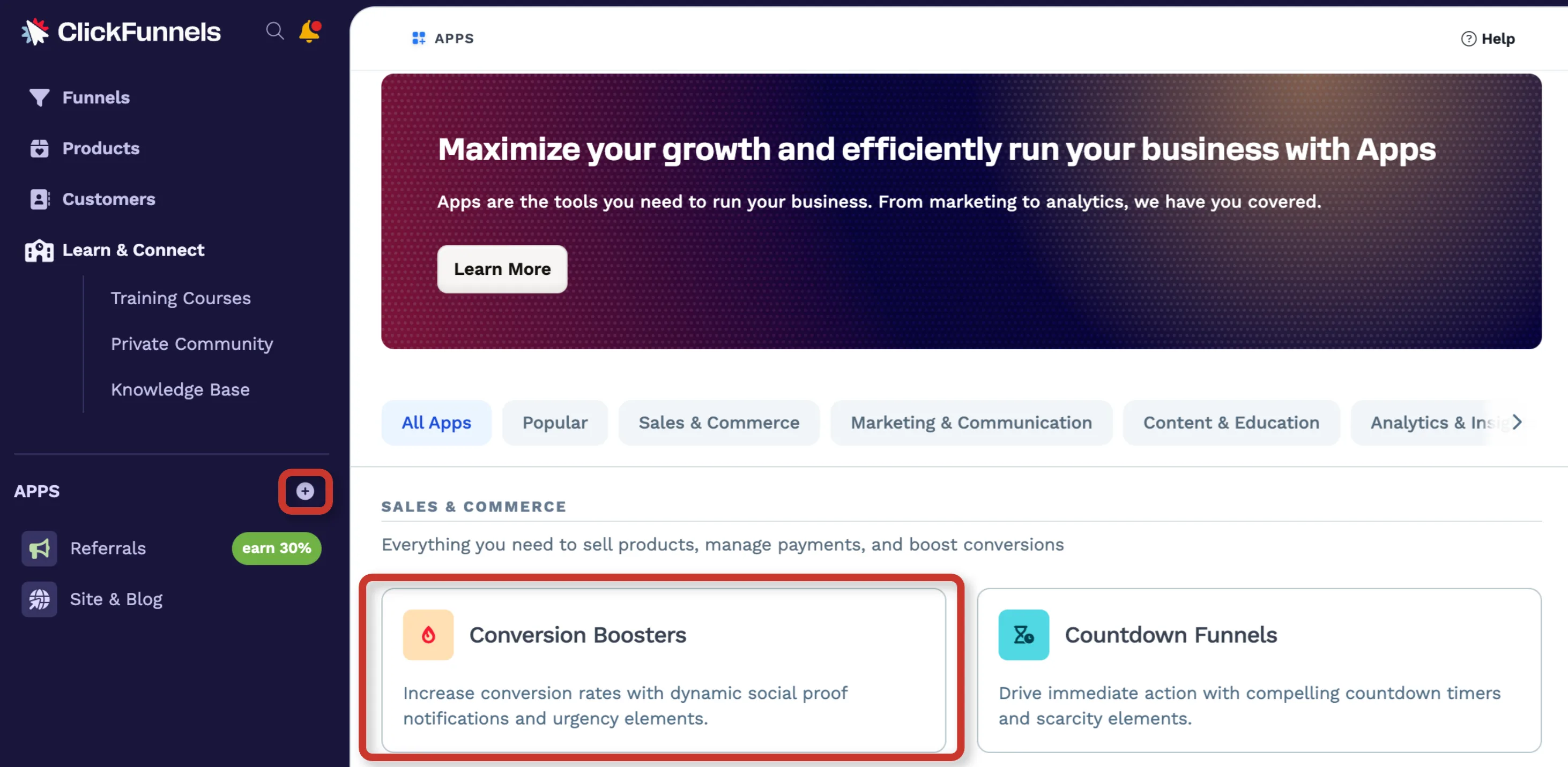 ClickFunnels dashboard showcasing apps for boosting conversions and managing sales.