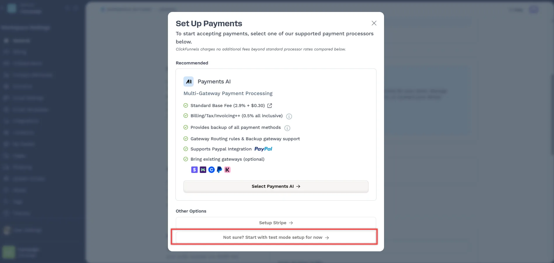 Payment setup options including multi-gateway processing and test mode setup instructions.