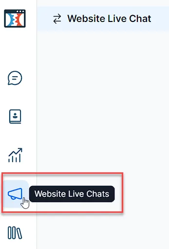 Screenshot of the ClickFunnels dashboard, highlighting the Megaphone icon used to access Website Live Chats.