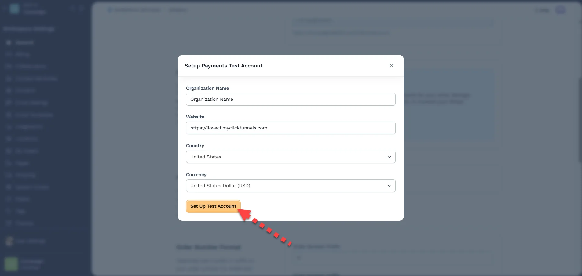 Setup Payments Test Account form with highlighted 'Set Up Test Account' button.