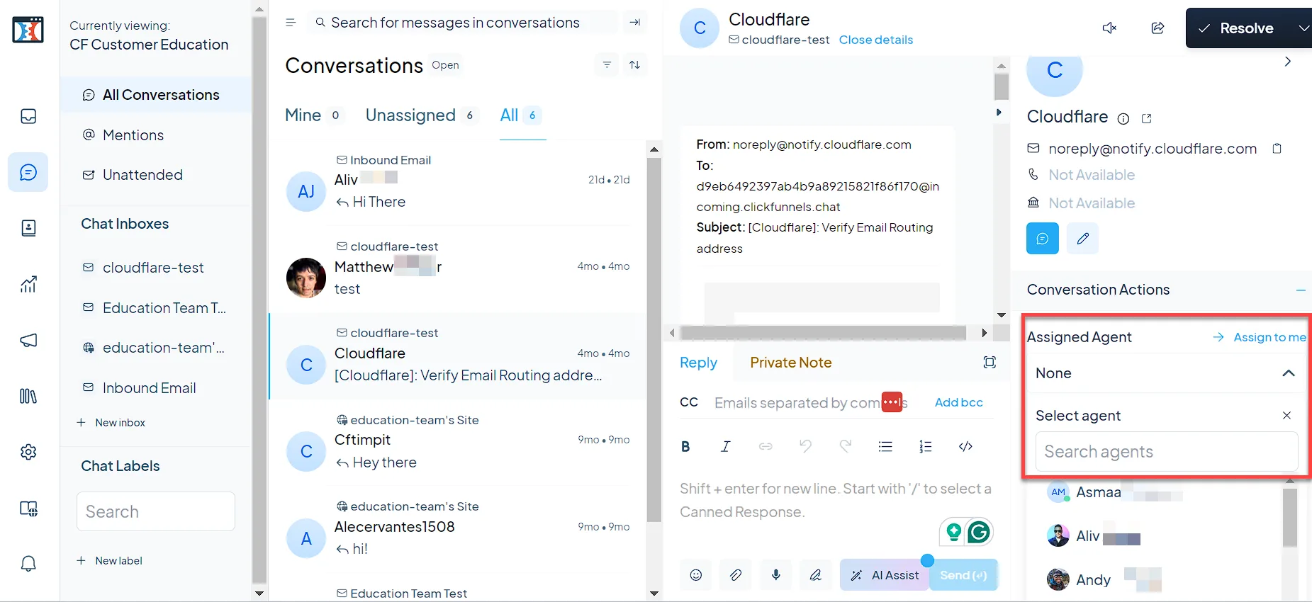 MessageHub conversation interface highlights the Assigned Agent dropdown.
