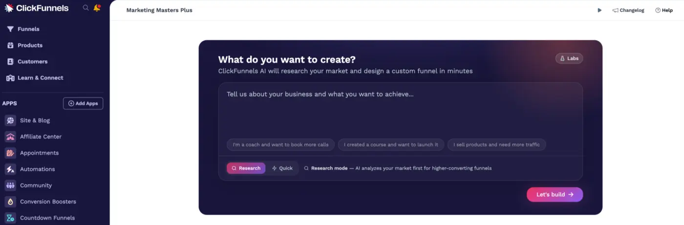 ClickFunnels AI assistant on the workspace dashboard, with the prompt box, Research and Quick modes, and the Labs badge.