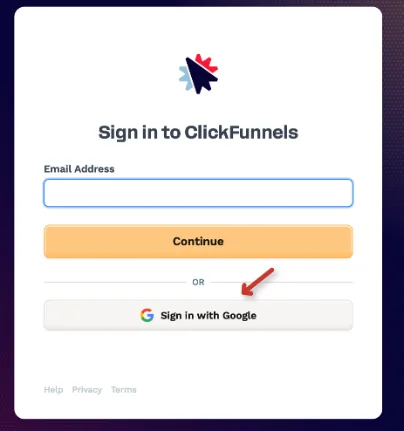 Login screen for ClickFunnels with email input and Google sign-in option.