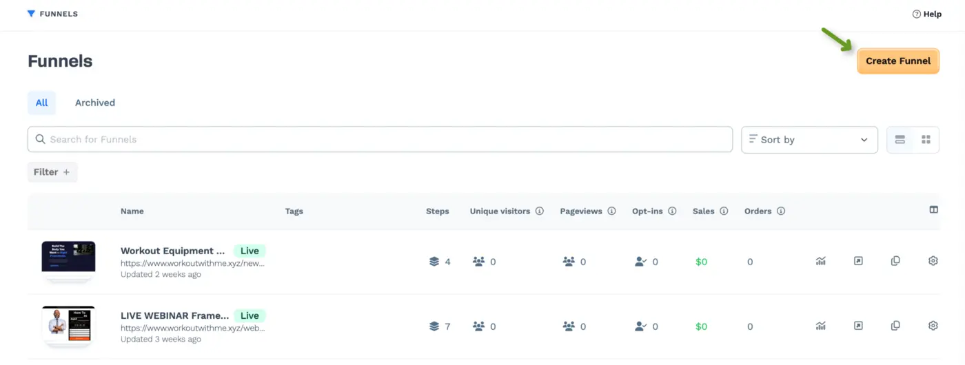 Funnels dashboard with the Create Funnel button highlighted at the top right.