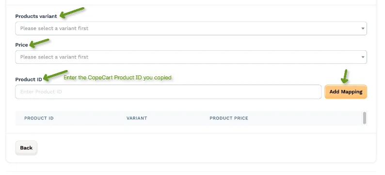 Form fields for selecting product variant, price, and entering product ID for mapping.