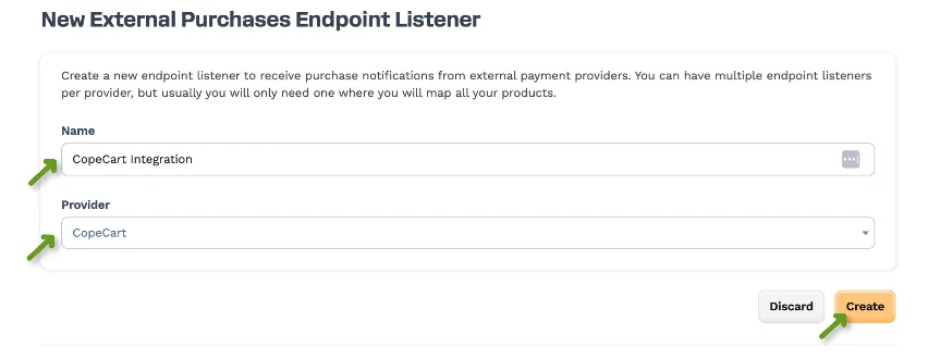 Creating a new endpoint listener for CopeCart integration in the application.