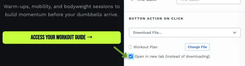 The button settings panel with a file named Workout Plan attached, a Change File button, and the Open in new tab (instead of downloading) checkbox selected.