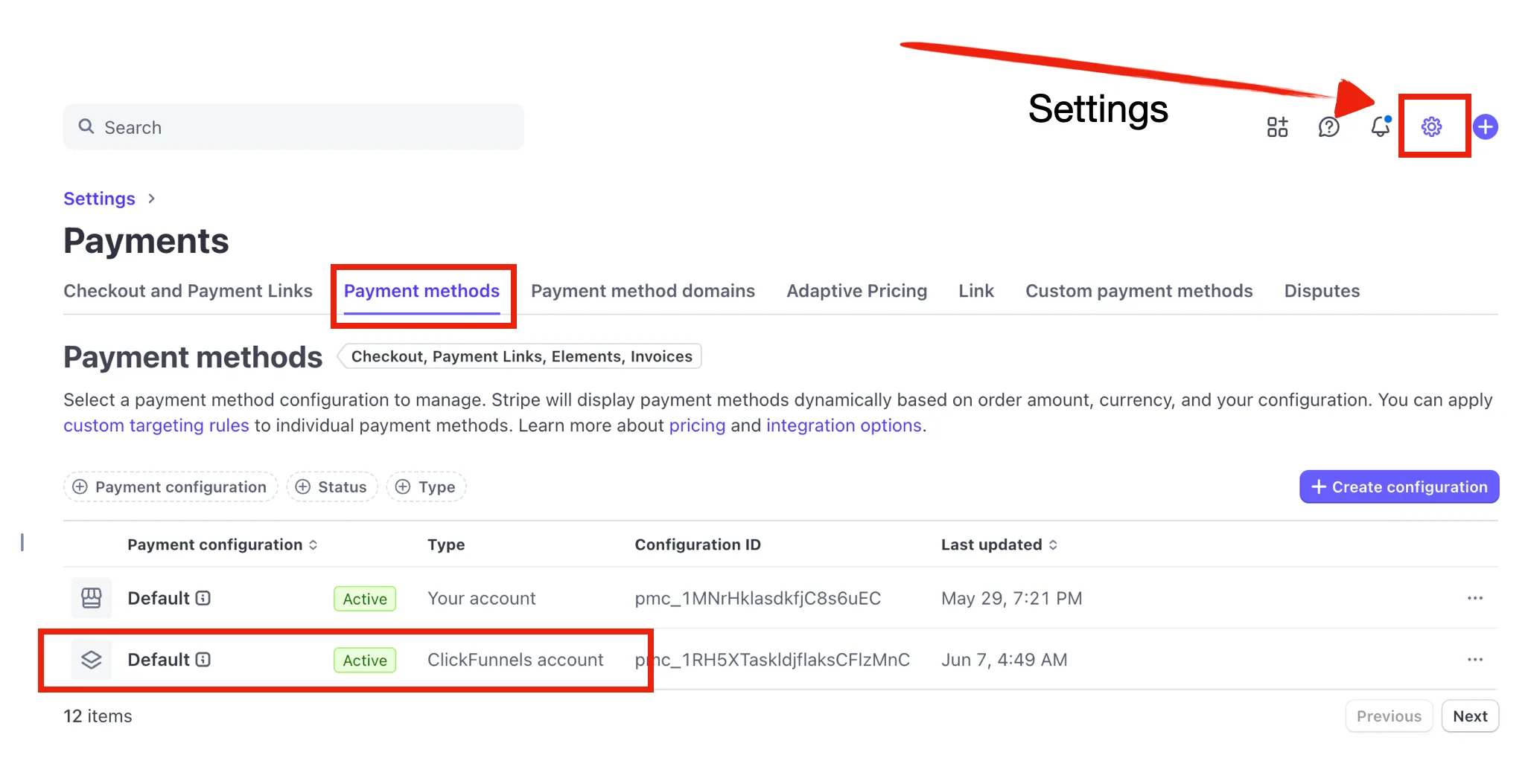 Settings page showing payment methods and configurations for a ClickFunnels account.