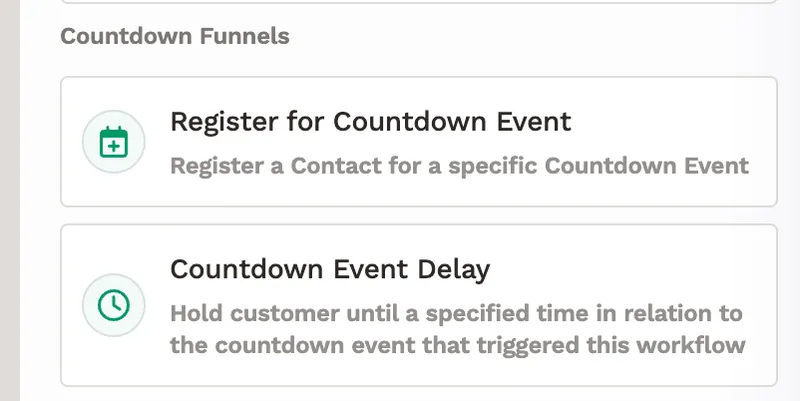The Countdown Funnels category in the workflow step list, containing the Register for Countdown Event and Countdown Event Delay steps.