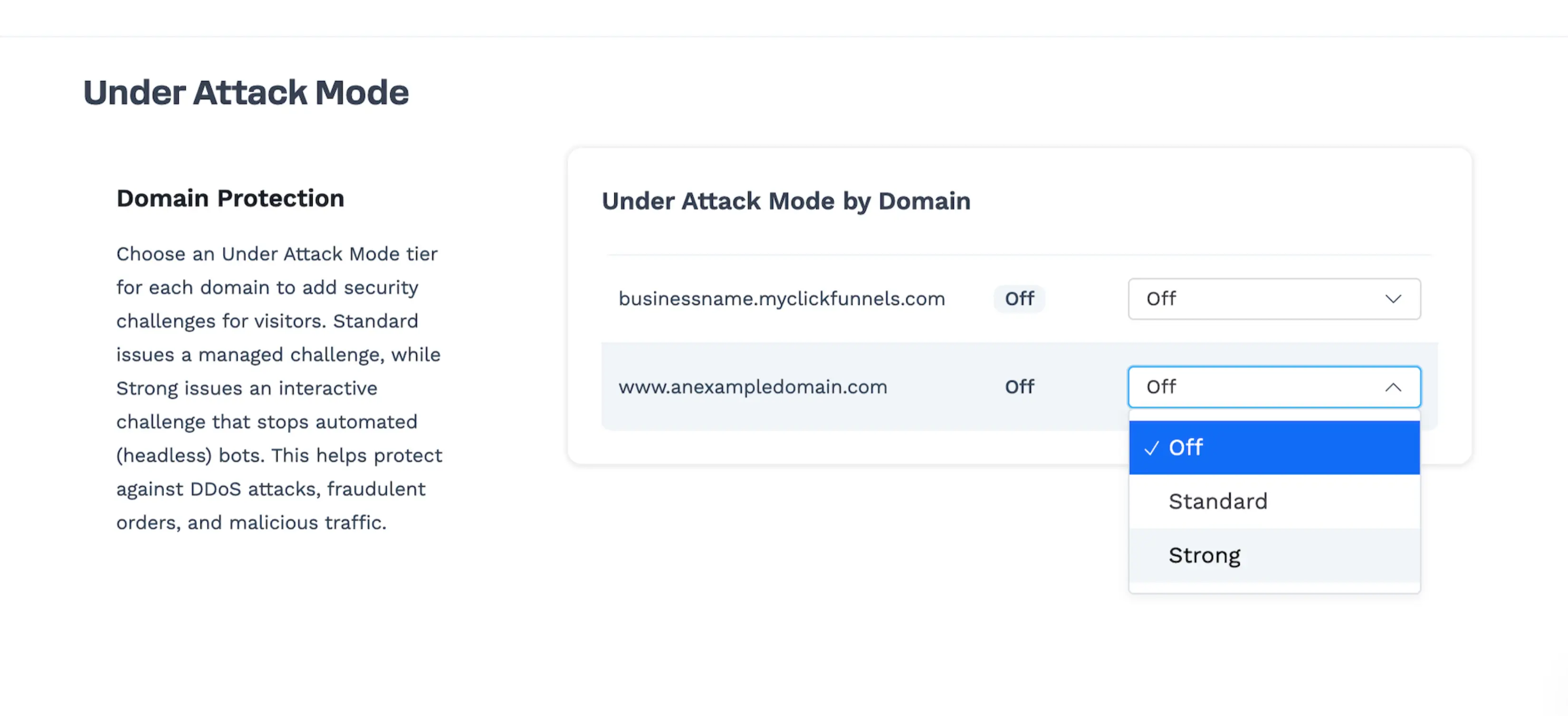 Under Attack Mode by Domain table with a domain's Protection Level dropdown open, showing the Off, Standard, and Strong options.