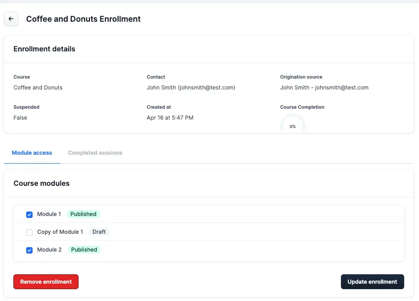 Screenshot of a contact being unenrolled from a module.