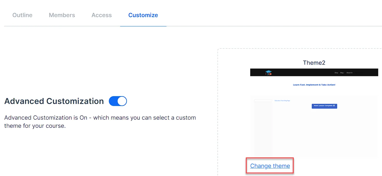 image showing the Customize tab with the change theme option highlighted