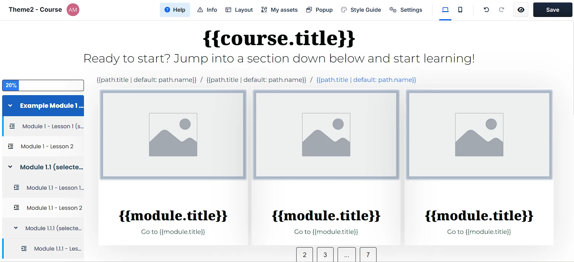 A screenshot of the course page editor dashboards
