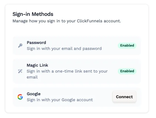Sign-in methods for ClickFunnels account including password, magic link, and Google options.