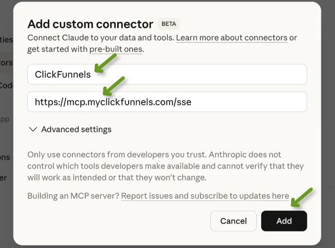 Adding a custom connector in ClickFunnels with highlighted fields and settings.