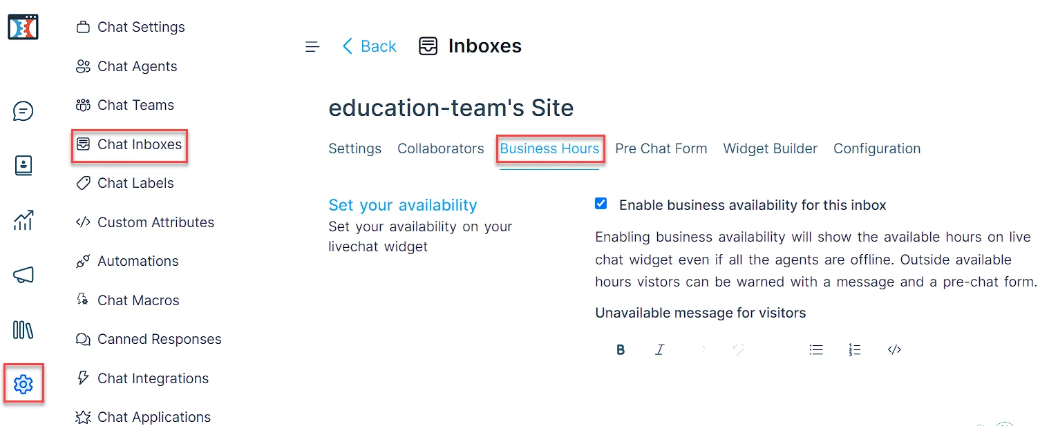 Screenshot of the Inbox Settings page in ClickFunnels. The  Business Hours  option is highlighted, showing fields to set operating hours for each day of the week.