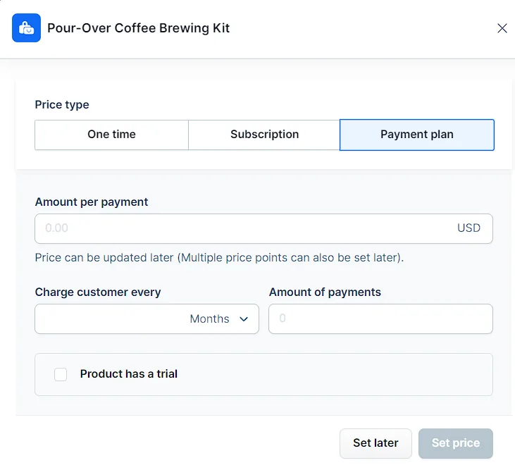 Product payment plan set up.
