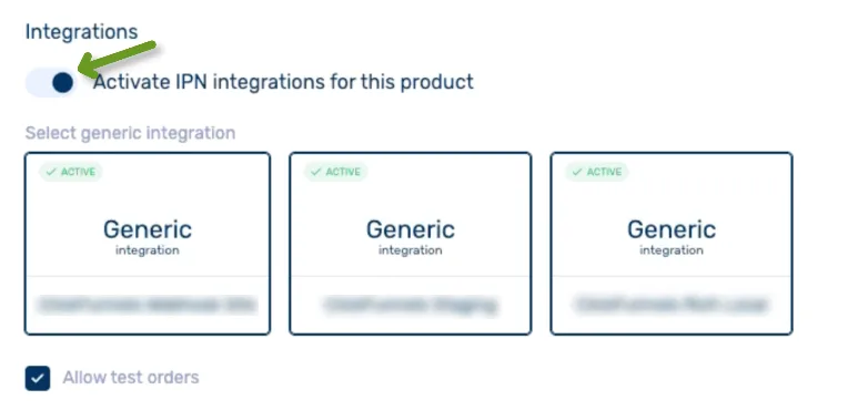Toggle to activate IPN integrations for the selected product and view options.