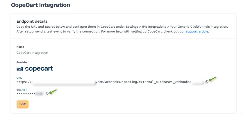 CopeCart integration details including URL and secret for configuration setup.