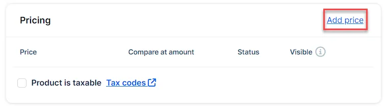 Pricing section with Add price button highlighted.
