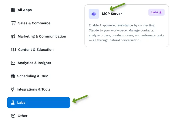 MCP Server feature highlighted in Labs section for AI-powered assistance in workspace.