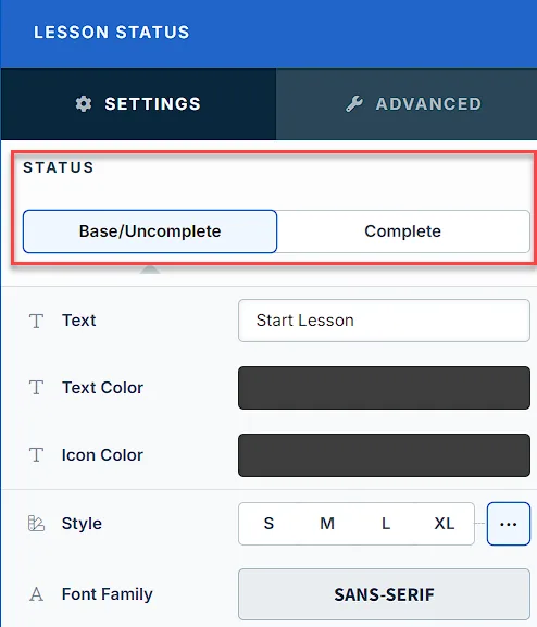Lesson Status states Settings