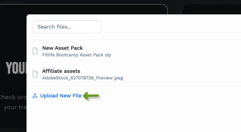 The Select File dialog listing existing workspace downloads, with the Search files field above and the Upload New File link at the bottom.