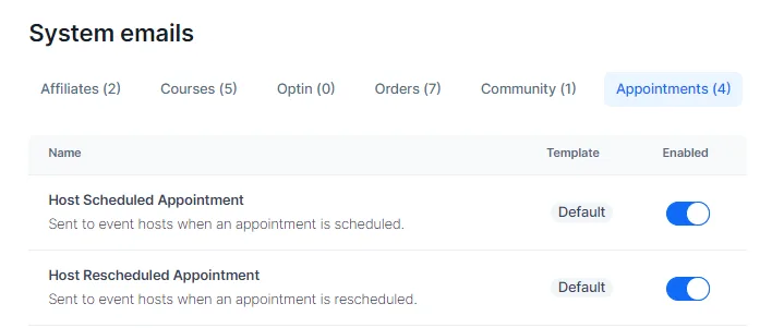 System Emails Categories