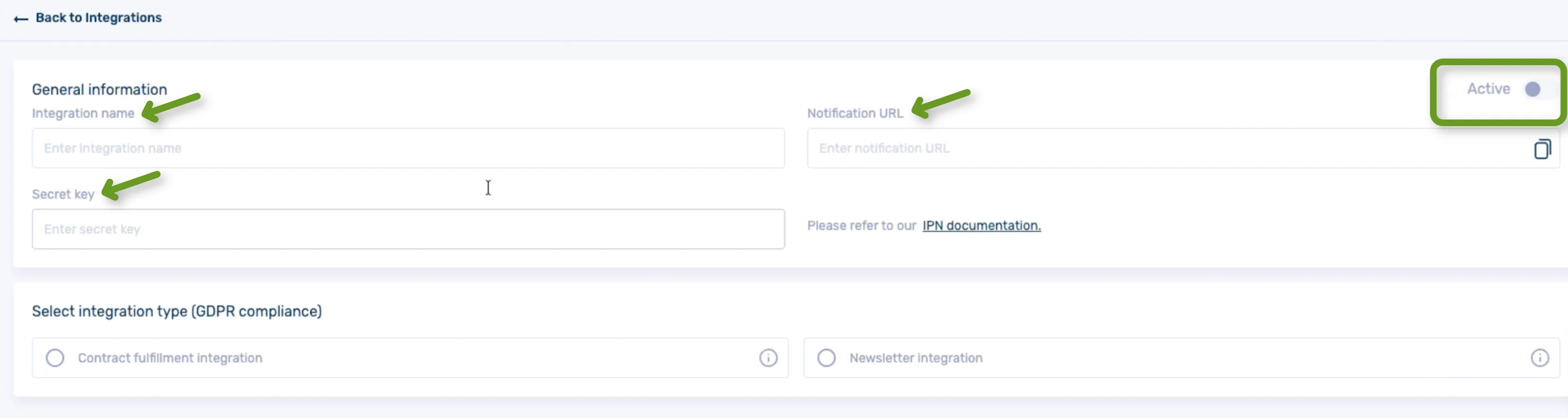 Integration settings with fields for integration name, secret key, and notification URL.